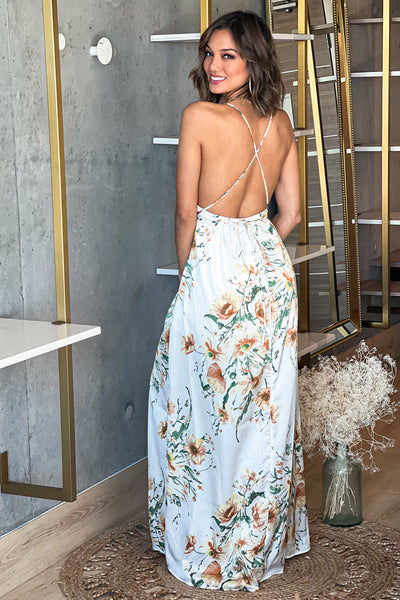 off white floral open back maxi dress