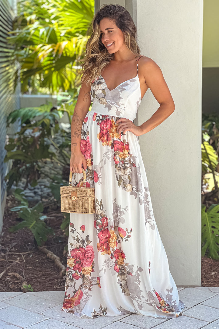 chinese dress ladies Off White Floral Maxi Dress With Lace Up Back