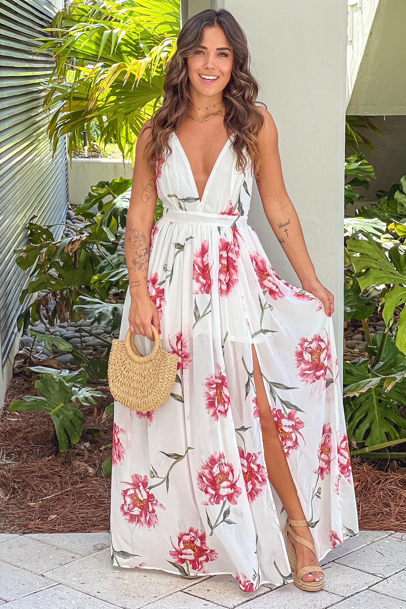 off white floral v-neck maxi dress with criss cross back