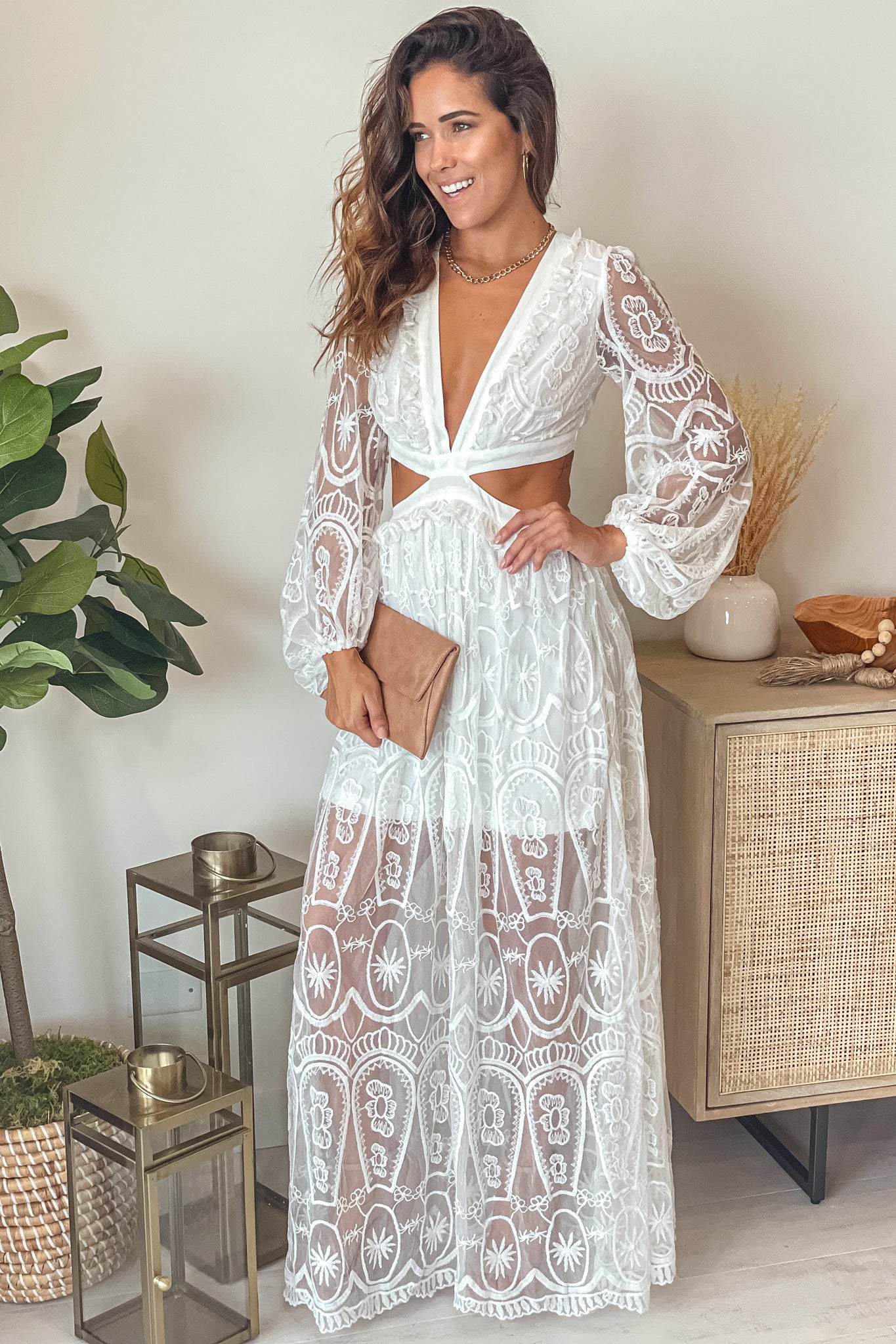 Off White Lace Maxi Dress With Cut Out And Long Sleeves | Maxi Dresses Saved by the Dress Off White Lace Maxi Dress With Cut Out And Long Sleeves | Maxi Dresses Saved by the Dress