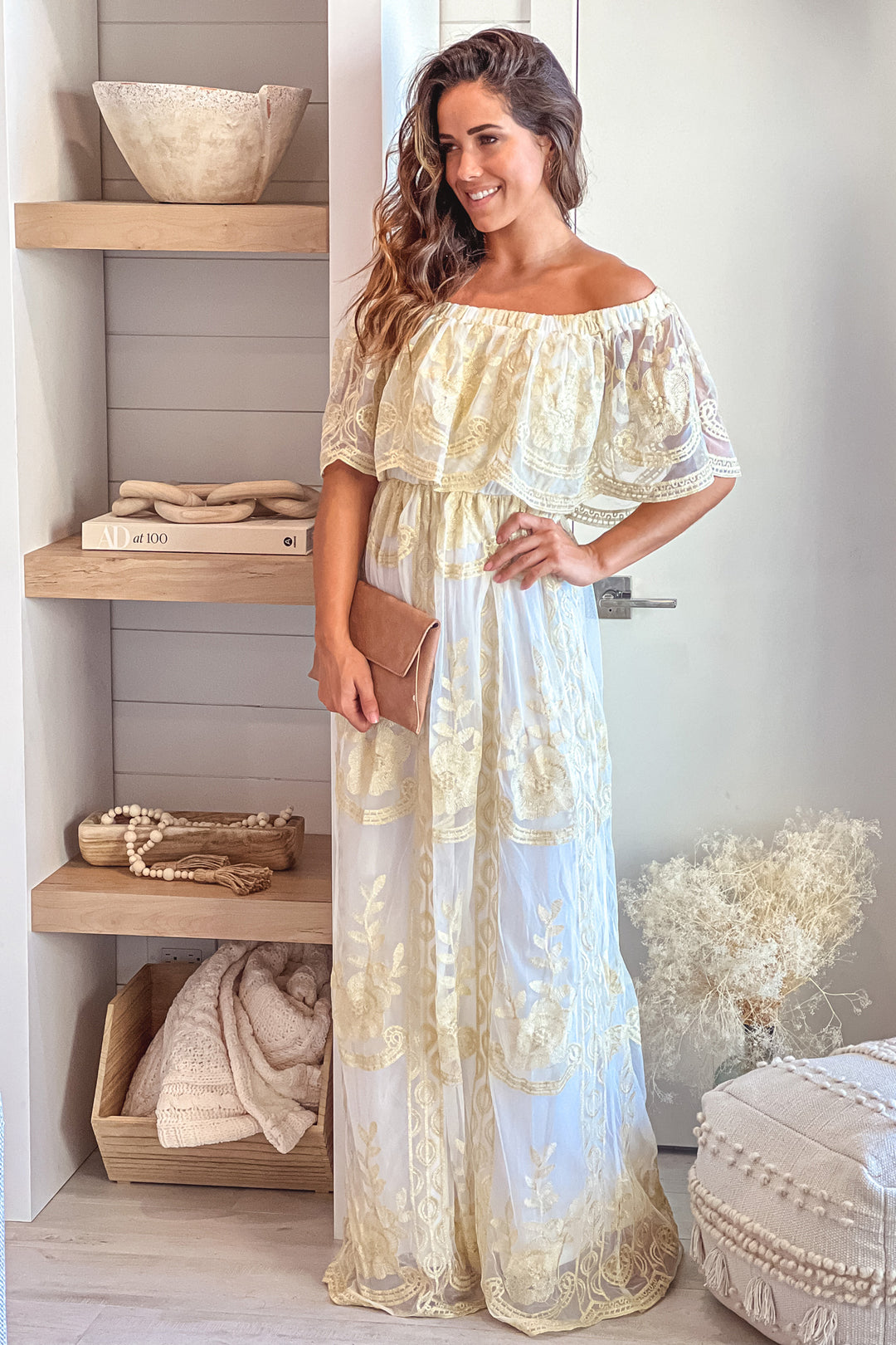 Off White Off Shoulder Maxi Dress With Mesh Gold Lace Maxi Dresses Saved by the Dress