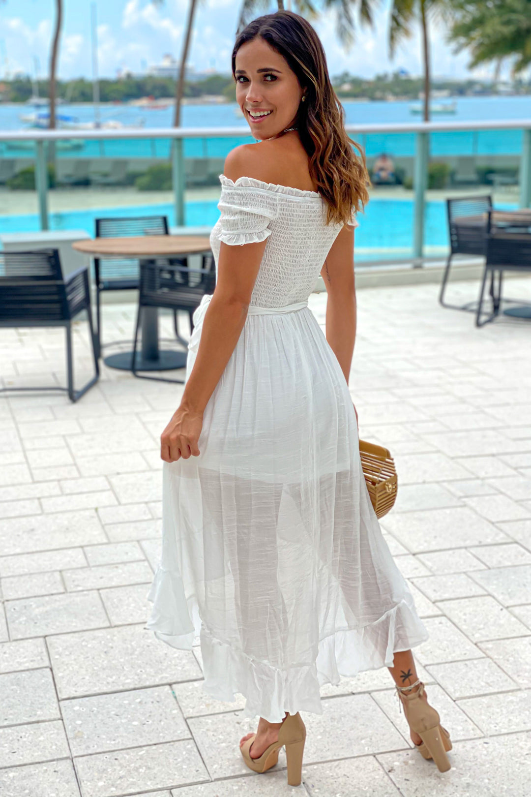 slim fit dress slacks Odella Off The Shoulder Smocked Maxi Dress - Off White Extra Large | Women's Online Boutique | Boho Chic Style main image 1