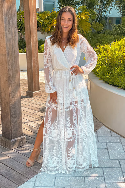 off white lace maxi dress with belt