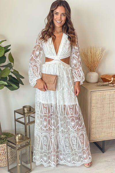 off white lace maxi dress with cut out and long sleeves
