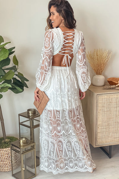 off white lace maxi dress with lace up back