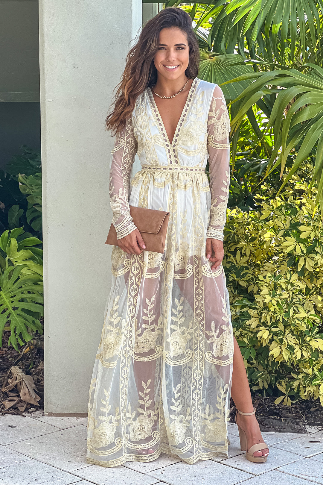 Off White Long Sleeve Maxi Romper With Embroidery | Rompers Saved by the Dress Off White Long Sleeve Maxi Romper With Embroidery | Rompers Saved by the Dress