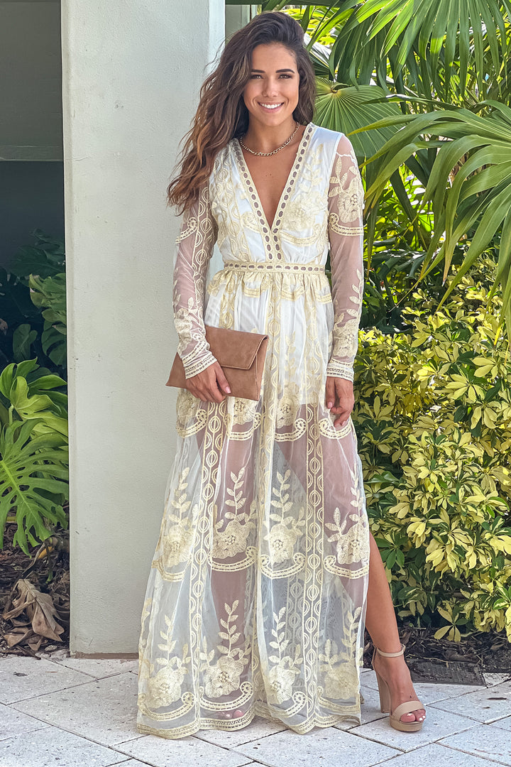 Off White Long Sleeve Maxi Romper With Embroidery