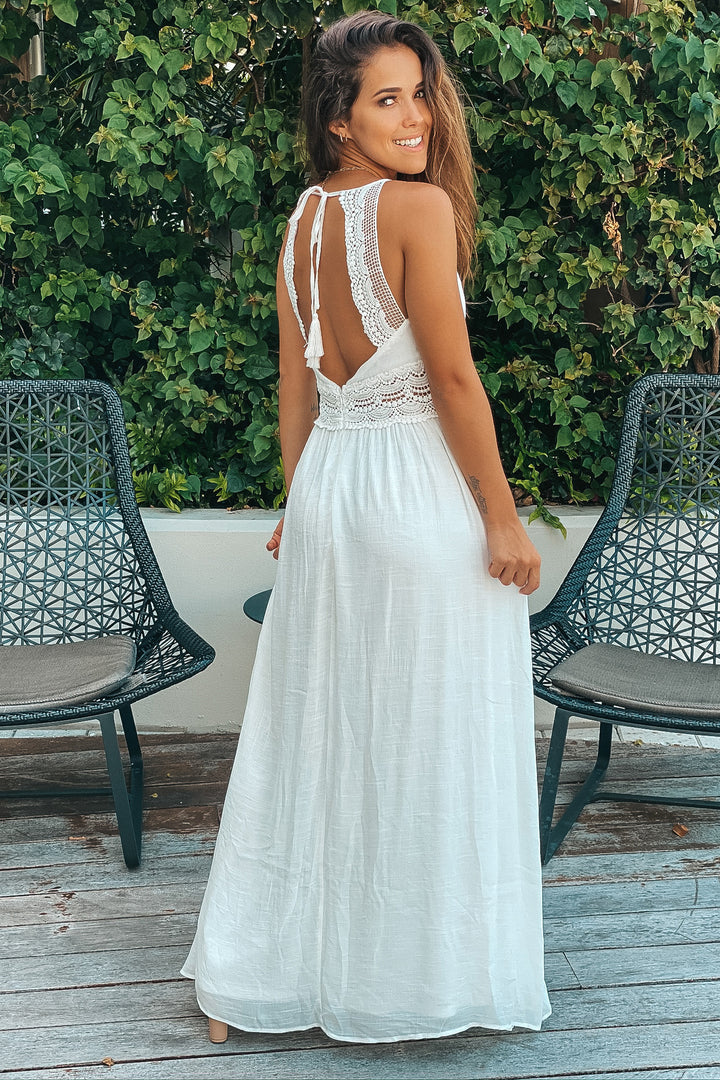 Off White Maxi Dress With Crochet Trim And Lining
