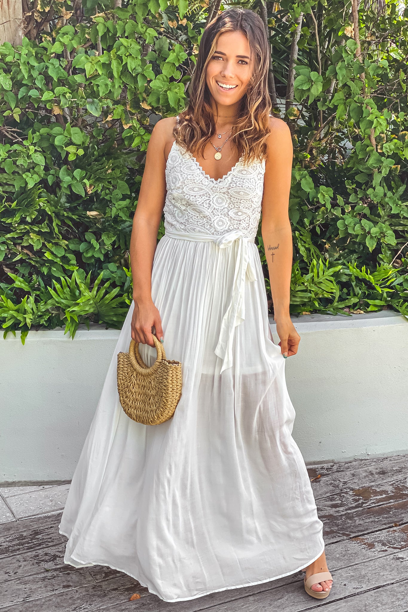 off white maxi dress with crochet top and belt