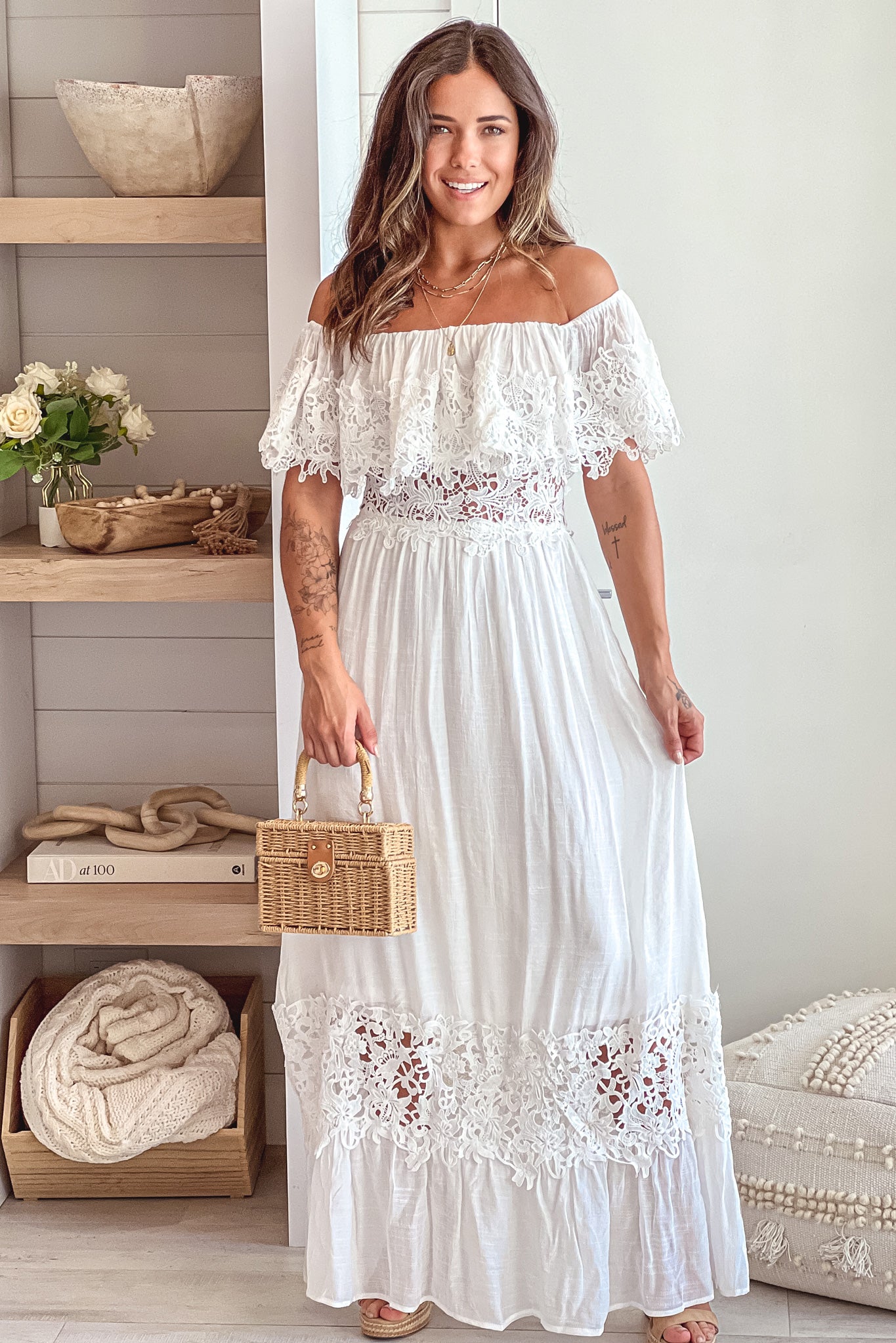 off white maxi dress with lace trim