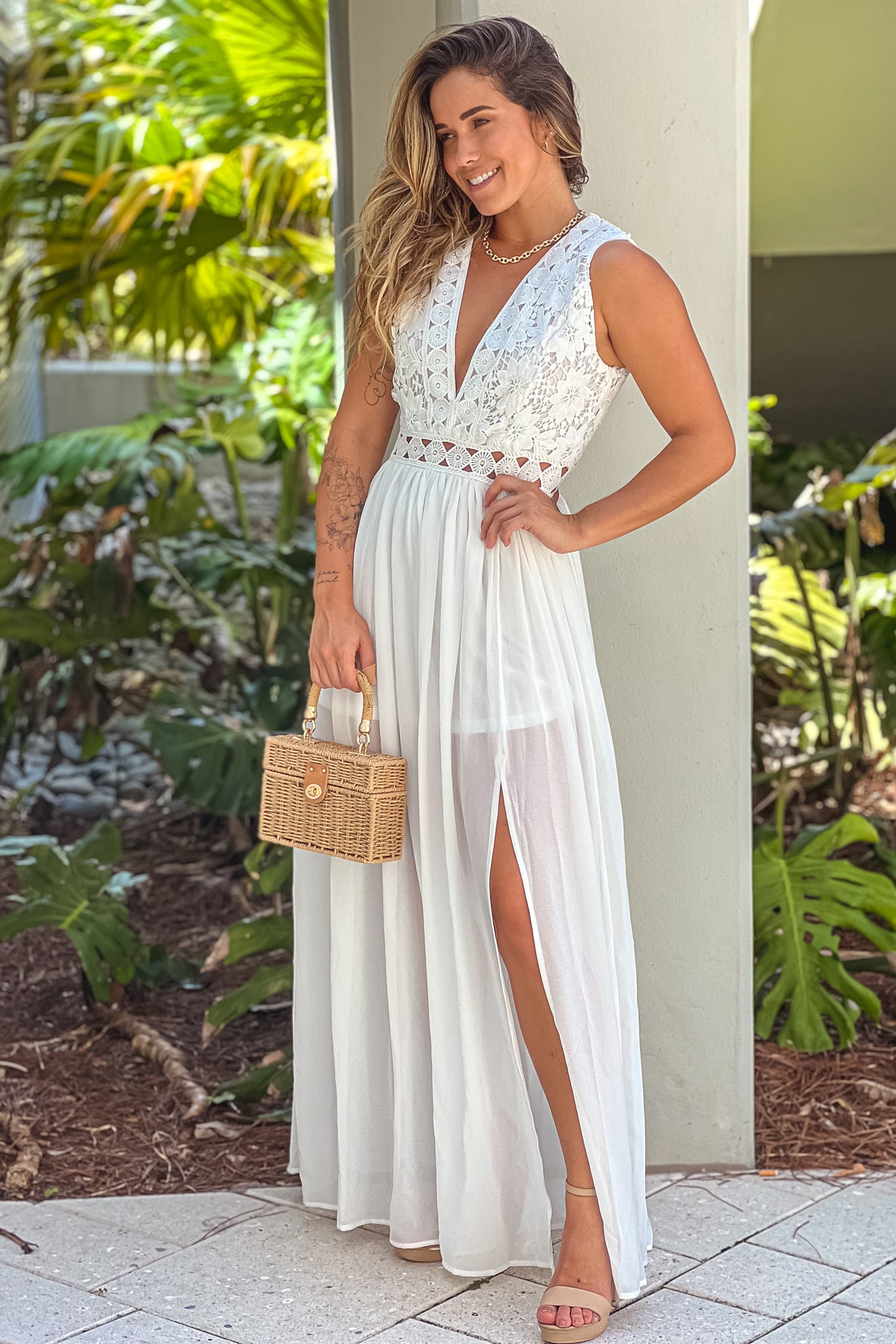 off white maxi dress with slit