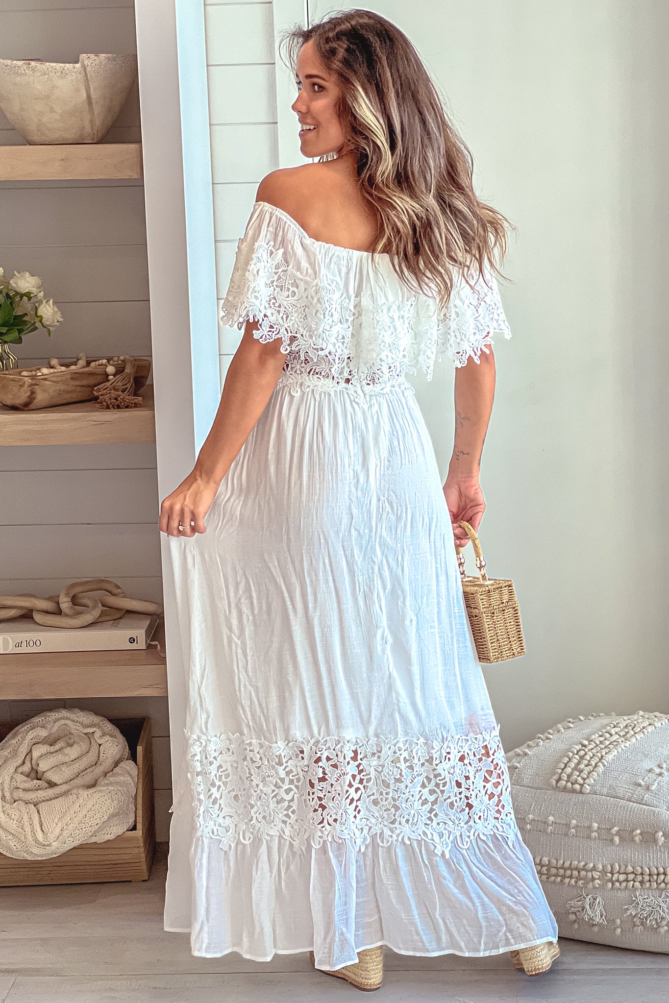 Off White Maxi Dress With Lace Trim