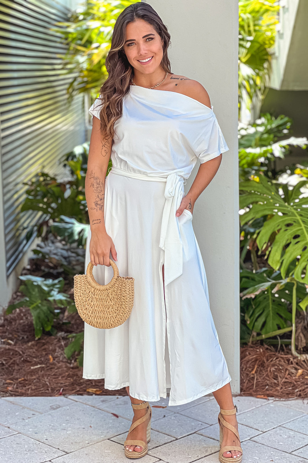 off the shoulder tie waist dress Off White One Shoulder Midi Dress With Tie Waist