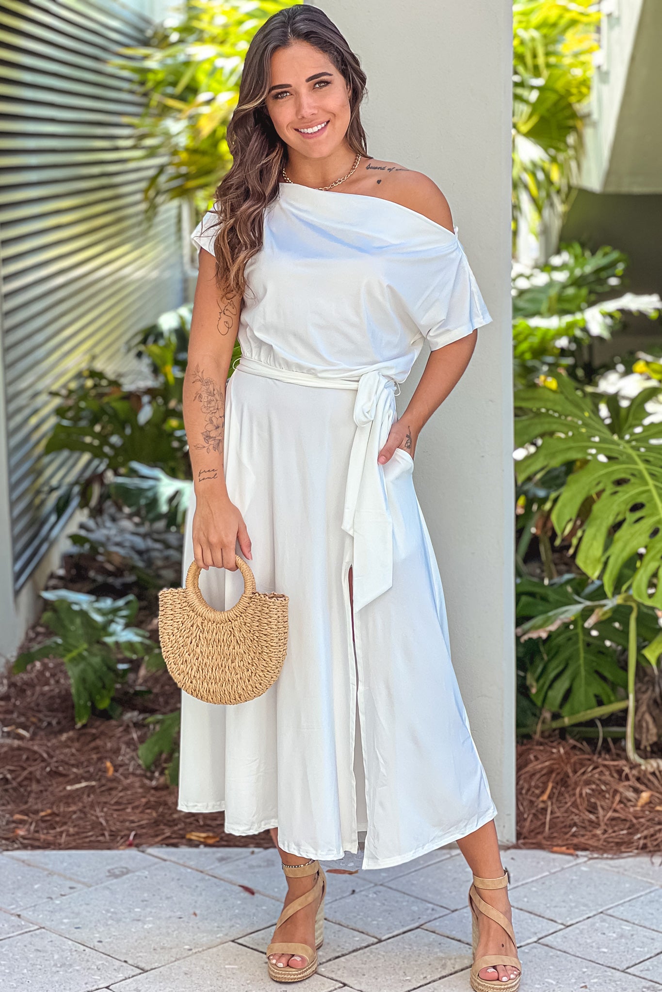shoulder tie midi dress Off White One Shoulder Midi Dress With Tie Waist shoulder tie midi dress Off White One Shoulder Midi Dress With Tie Waist