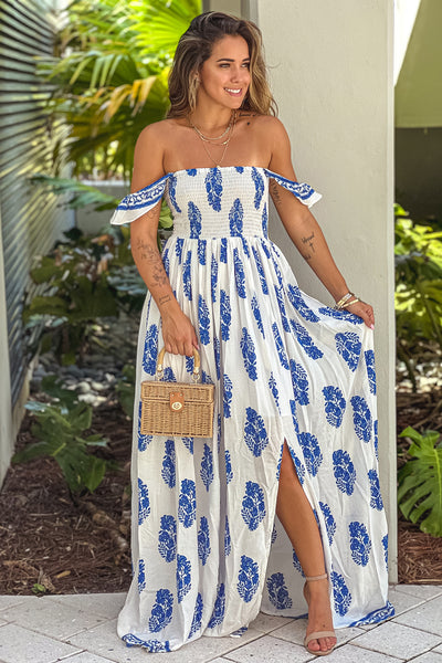 off white printed maxi dress with slit