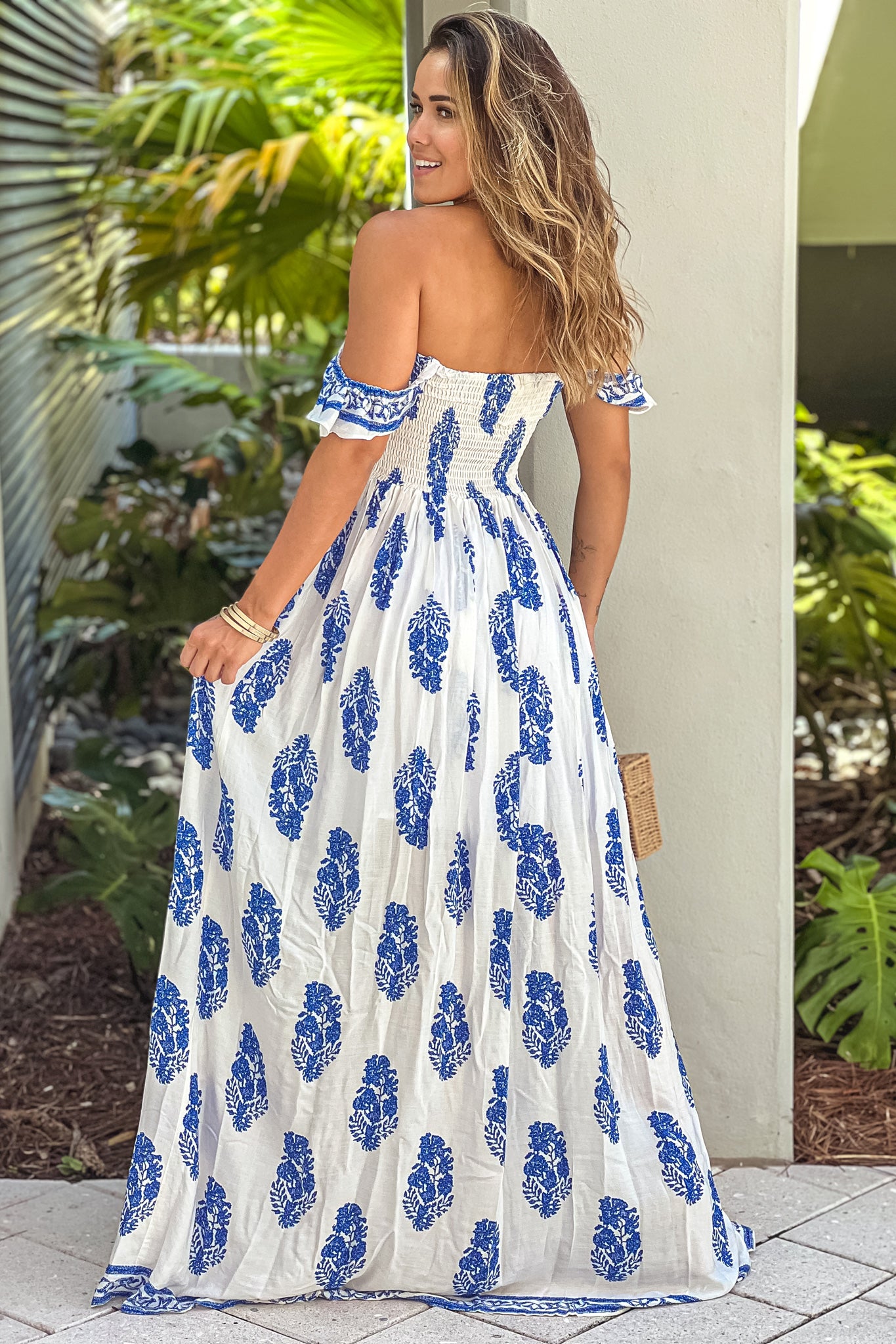 Off White Printed Off Shoulder Maxi Dress With Slit