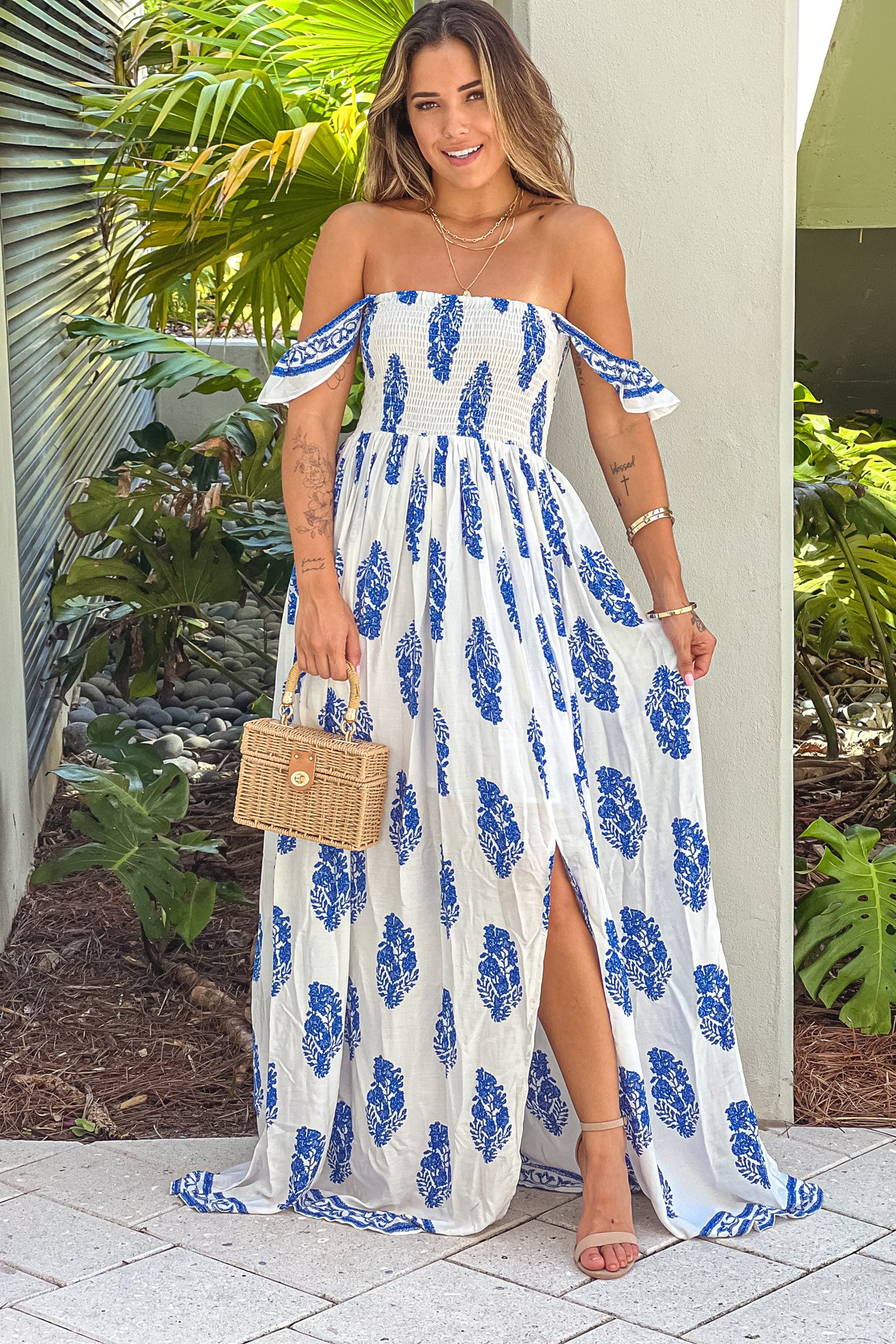 off white printed off shoulder maxi dress with slit