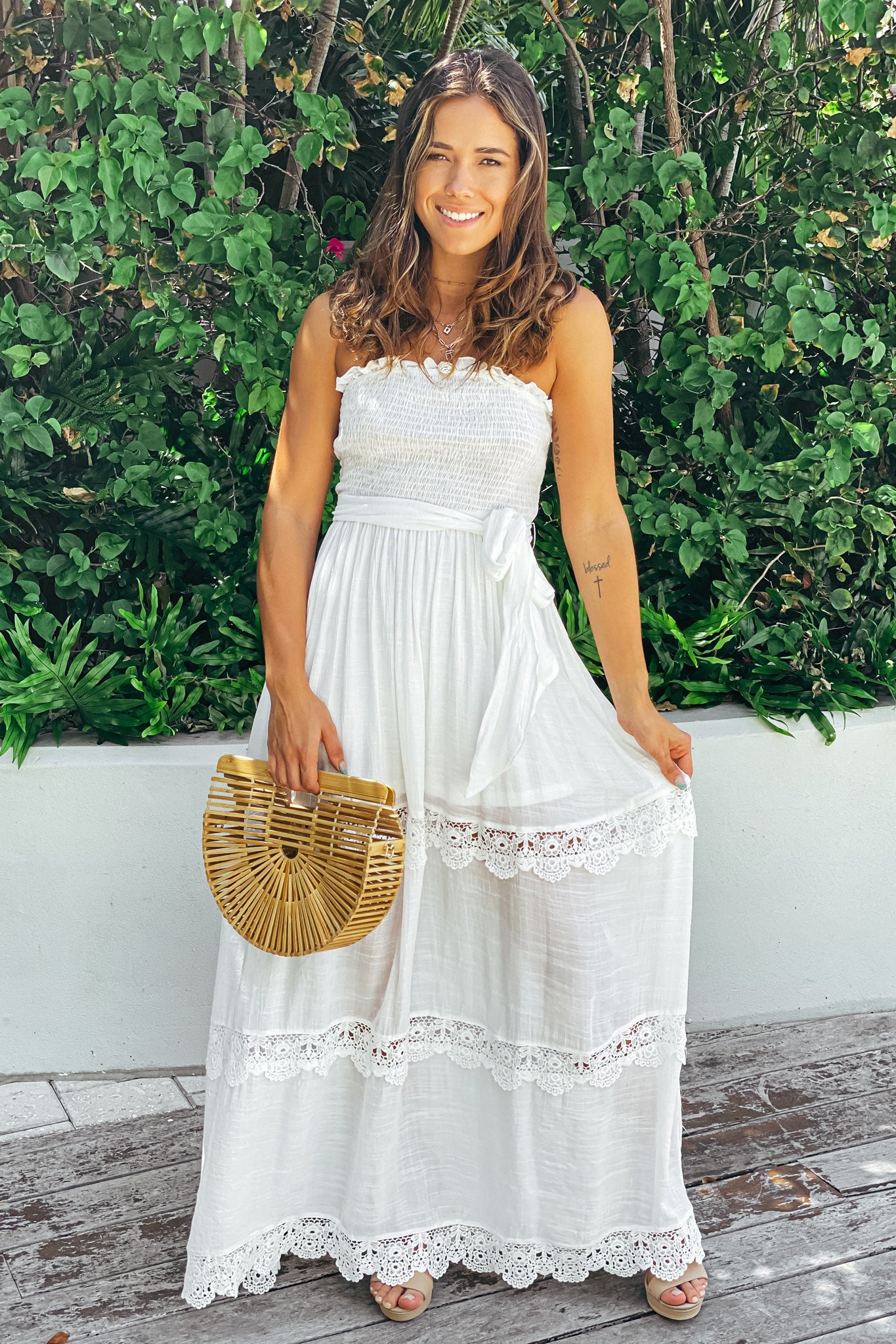 off white strapless maxi dress with crochet details