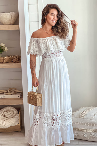 Off White Maxi Dress With Lace Trim