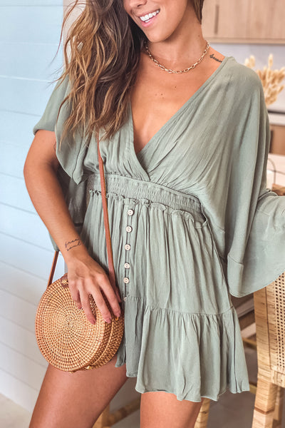 olive button down detail romper