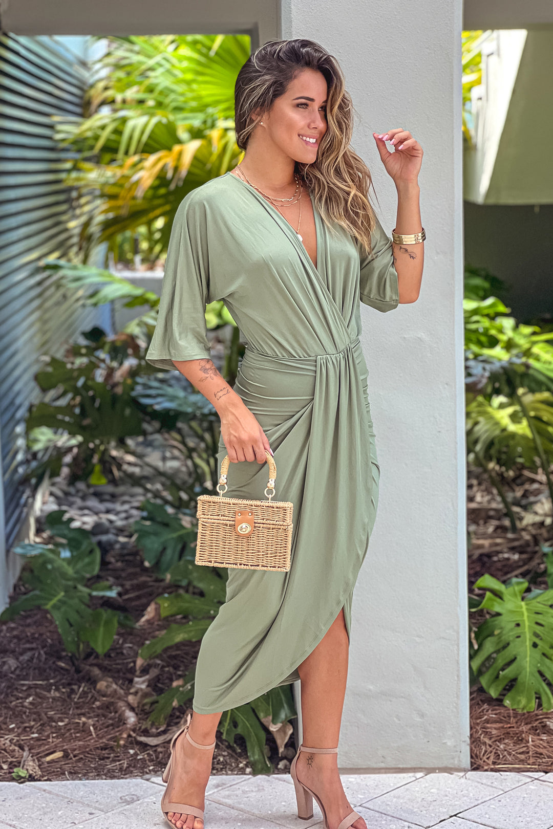 Olive Green Ruched Dress Vacation Maxi Dress Saved by the Dress