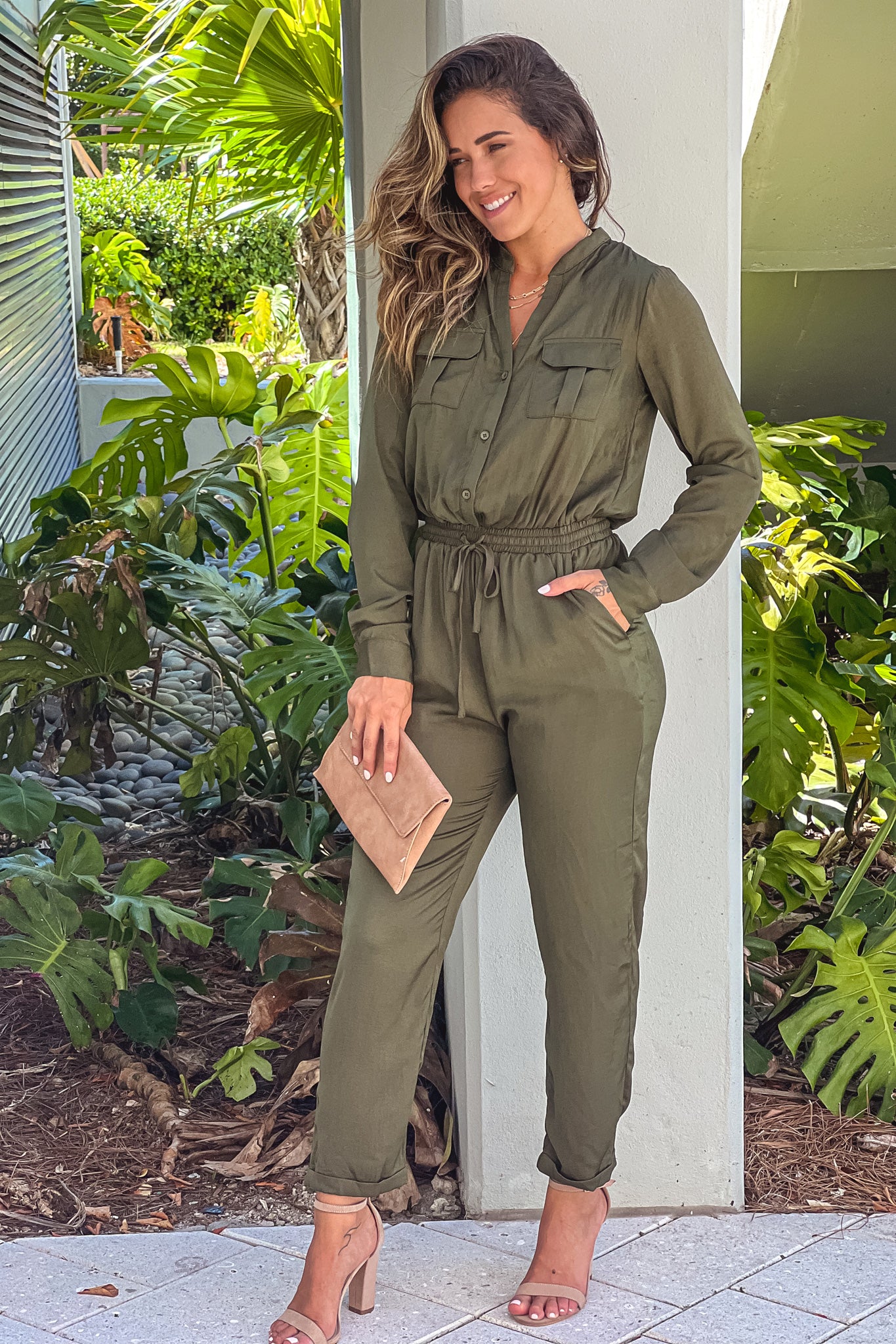 olive jumpsuit with pockets