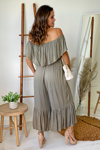 olive jumpsuit with ruffles