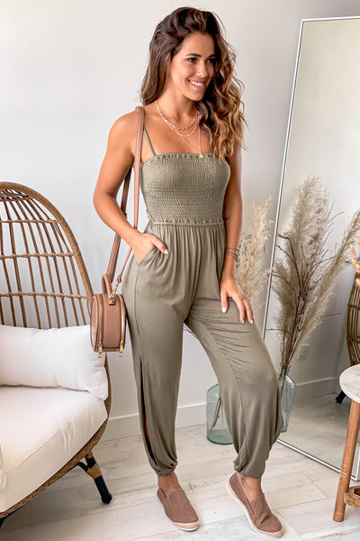 olive jumpsuit with slits