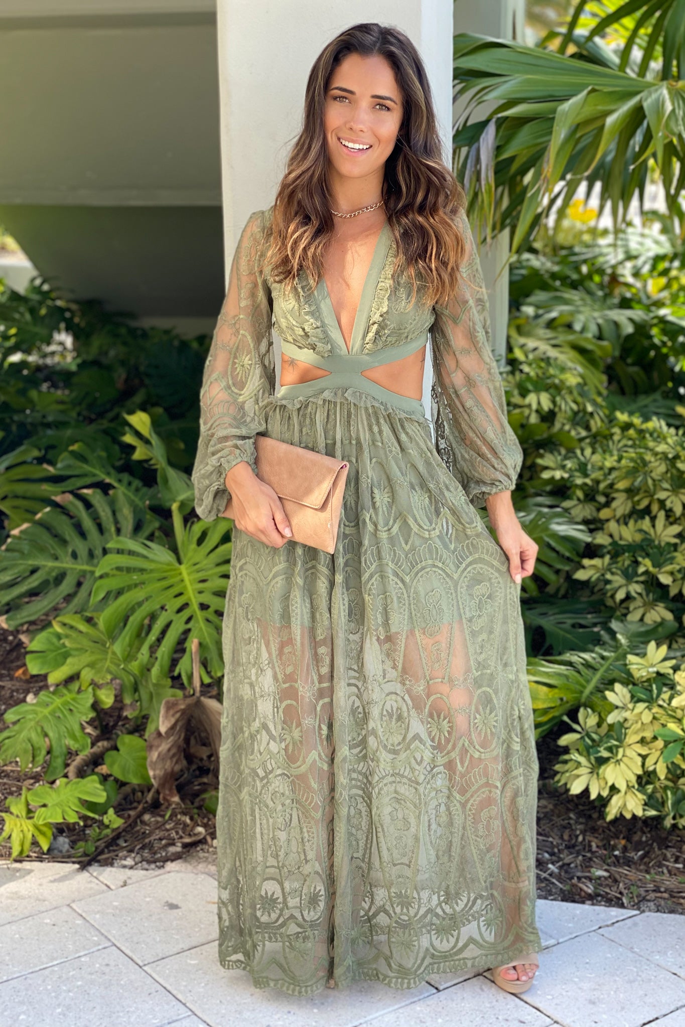 olive lace maxi dress with cut out and long sleeves