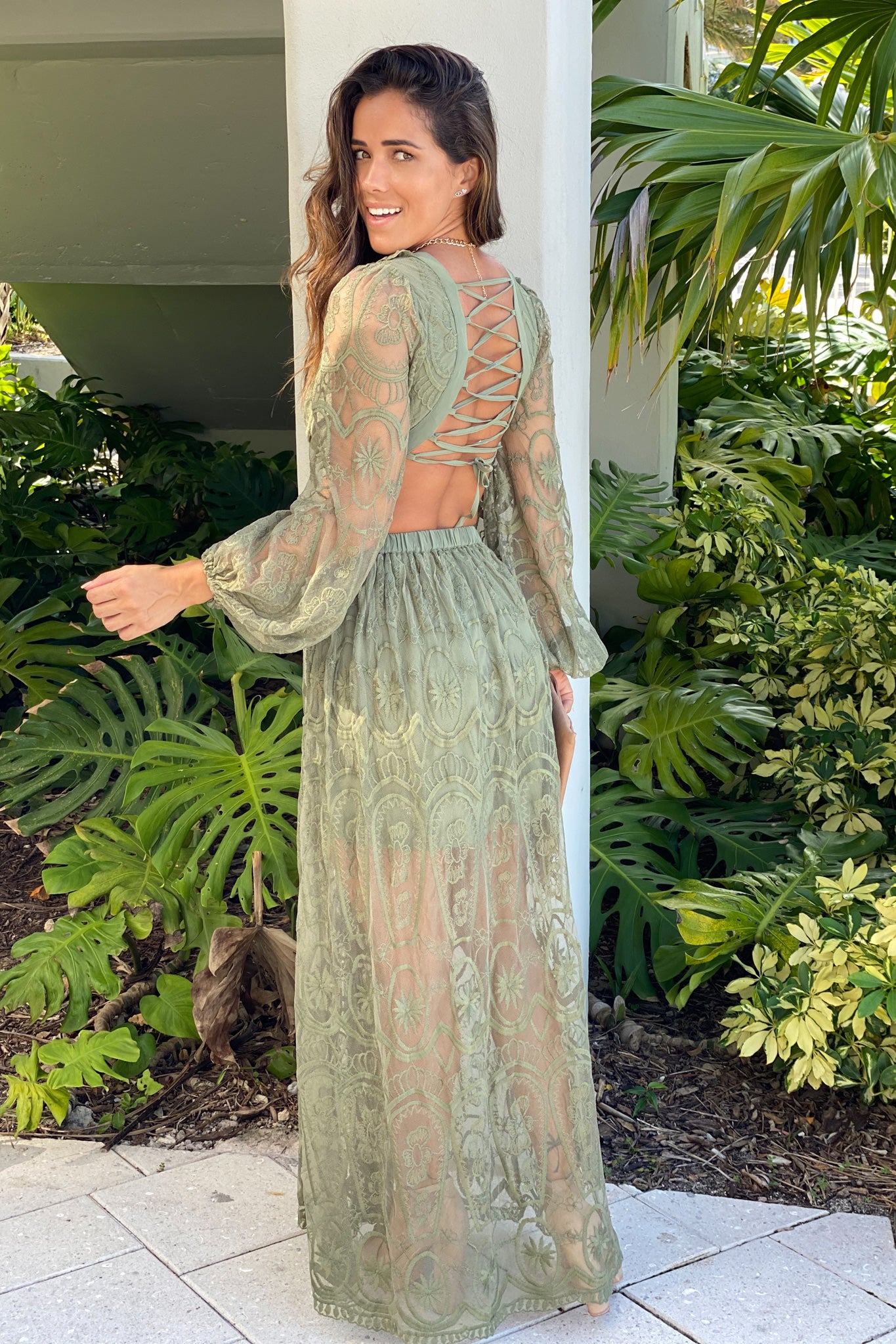 Olive Lace Maxi Dress With Cut Out And Long Sleeves | Maxi Dresses ...