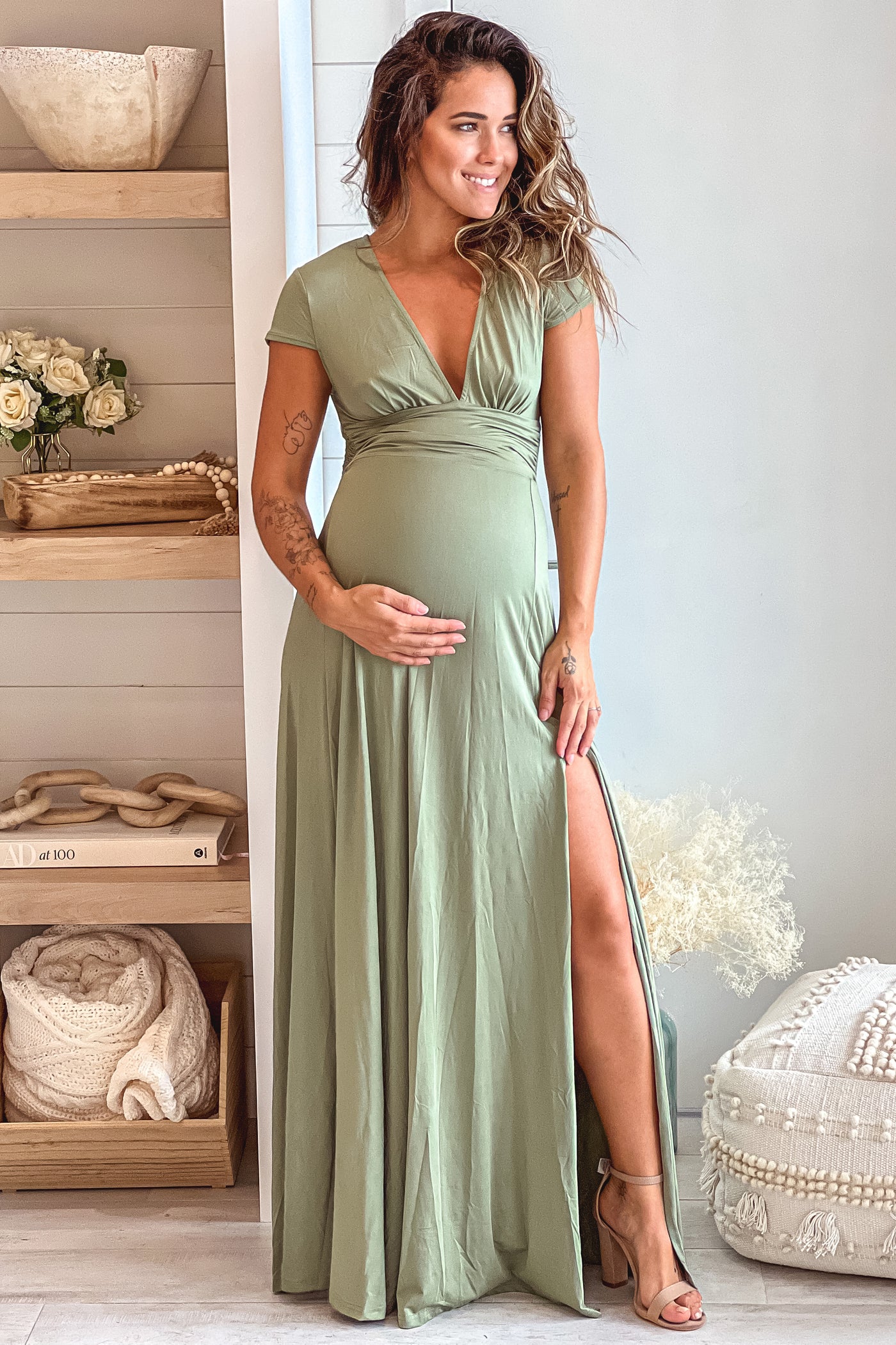 Olive Maternity Maxi Dress with Slit | Saved By The Dress Saved by the Dress Olive Maternity Maxi Dress with Slit | Saved By The Dress Saved by the Dress