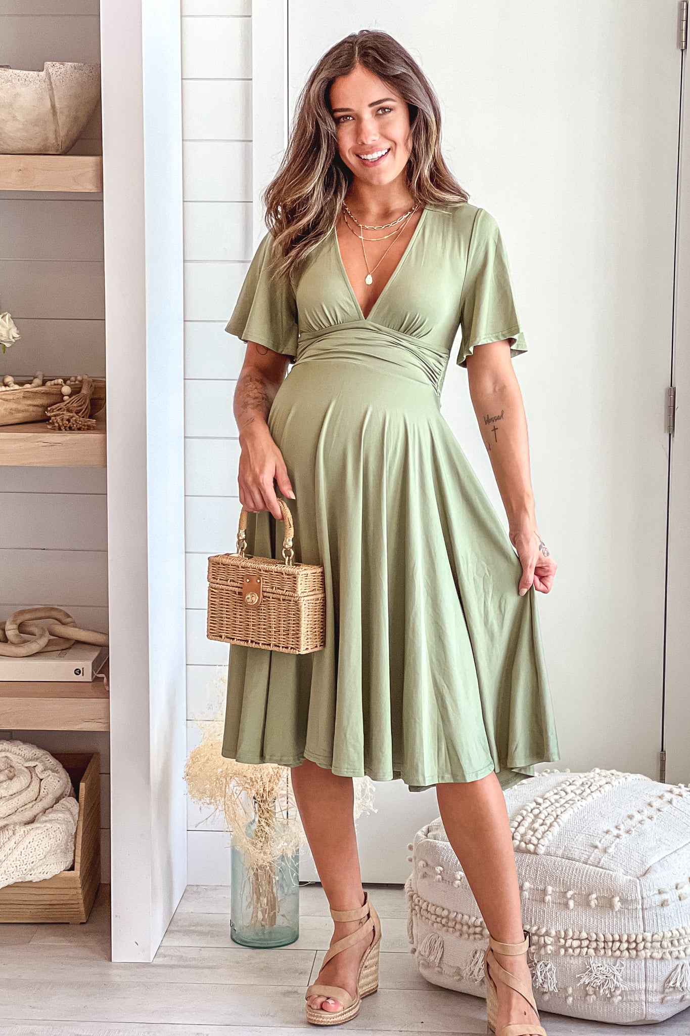 olive maternity midi dress with short sleeves