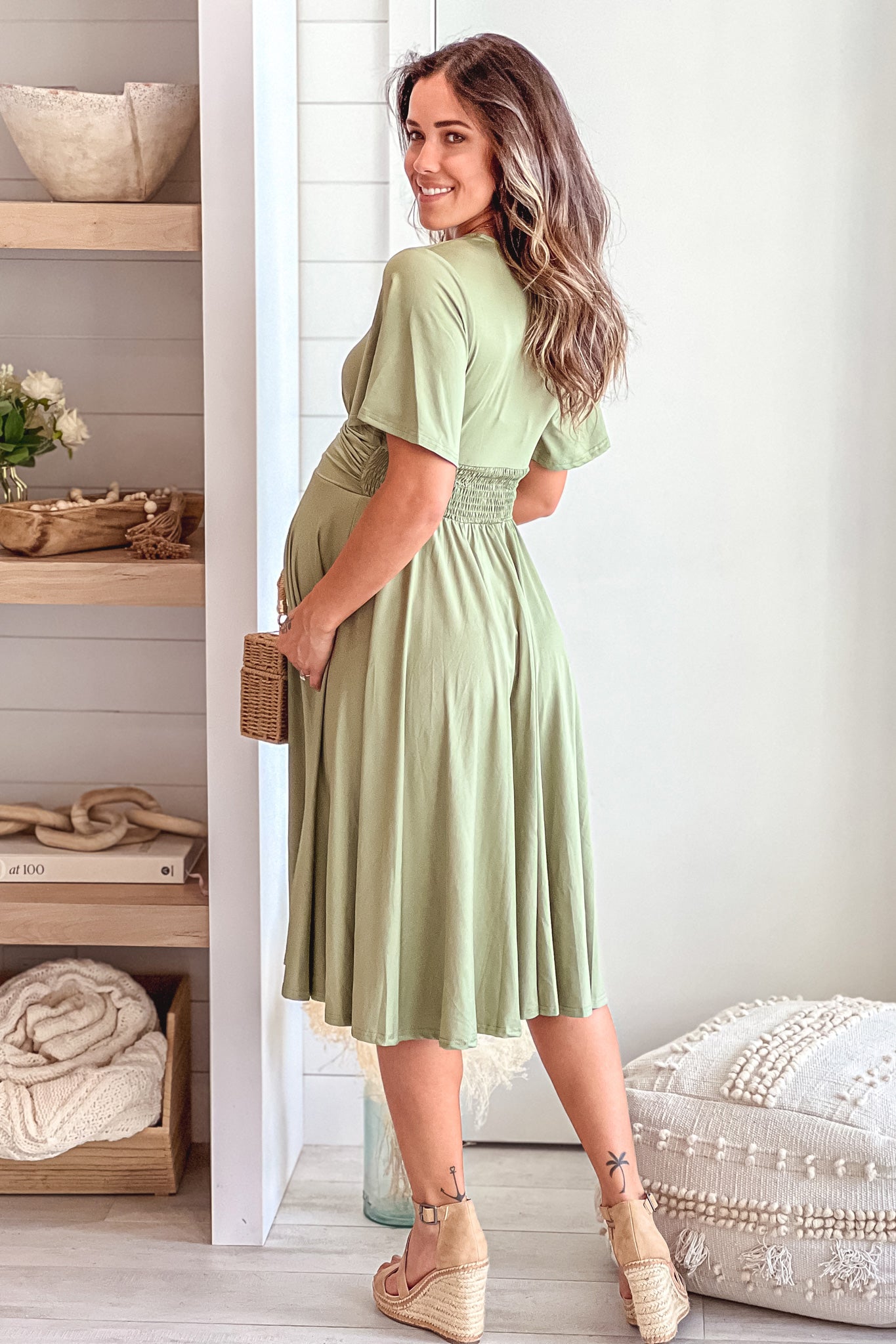 Olive Maternity Midi Dress With Slit And Short Sleeves