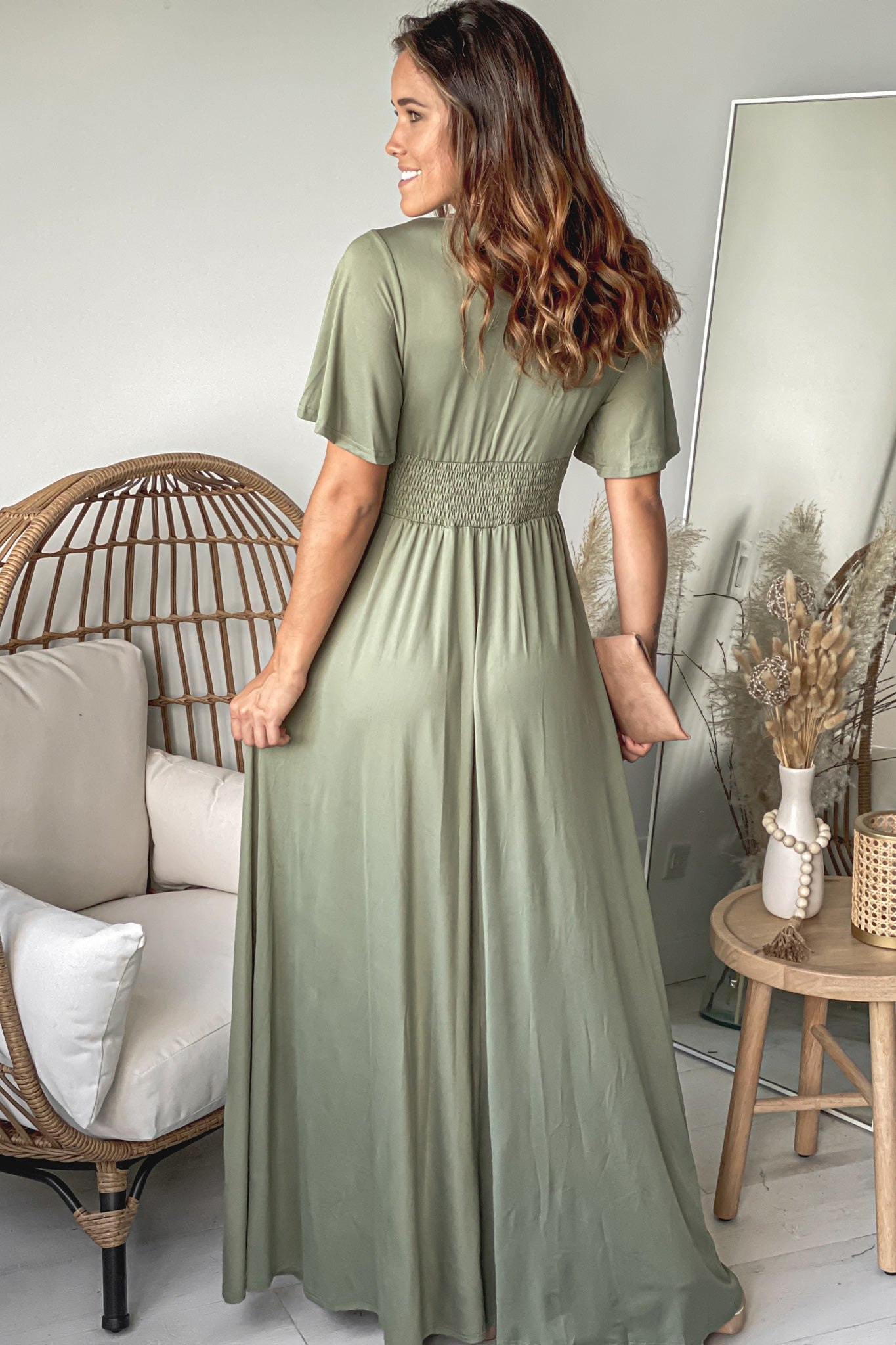 Olive V-Neck Maxi Dress With Short Sleeves Olive V-Neck Maxi Dress With Short Sleeves