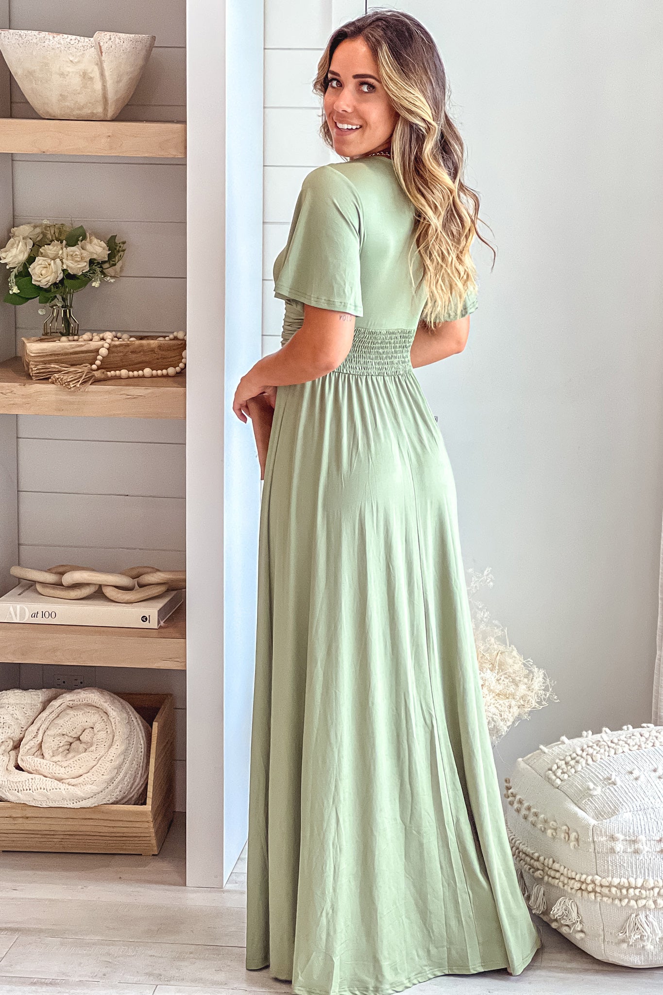 olive maxi dress with short sleeves