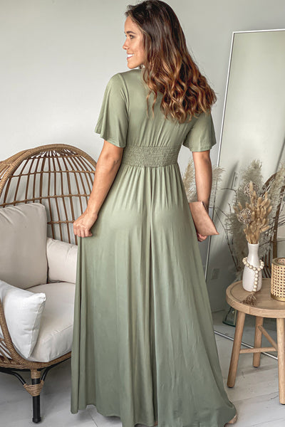 olive maxi dress with short sleeves