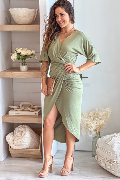 olive ruched dress