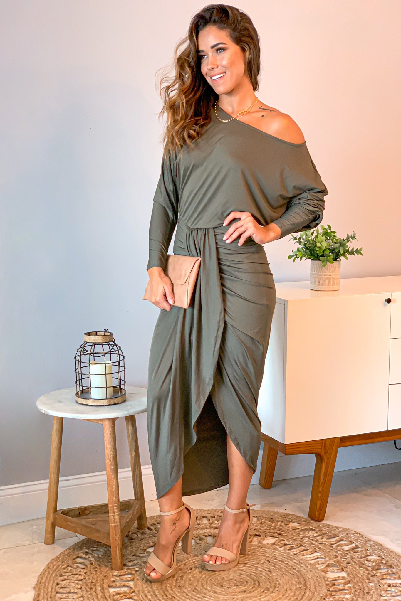 olive ruched dress