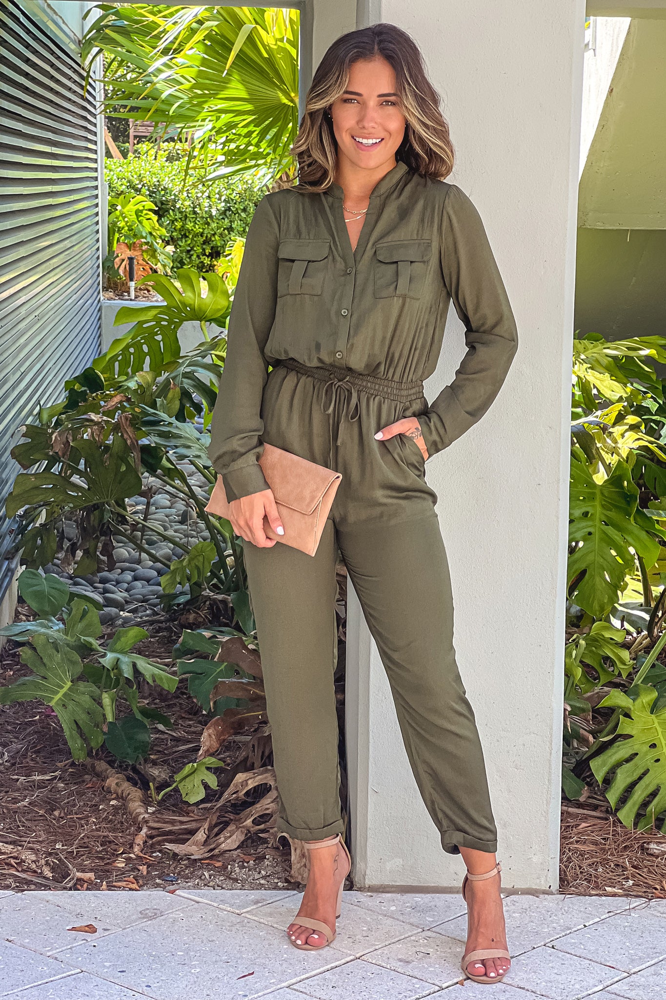 olive satin jumpsuit with long sleeves