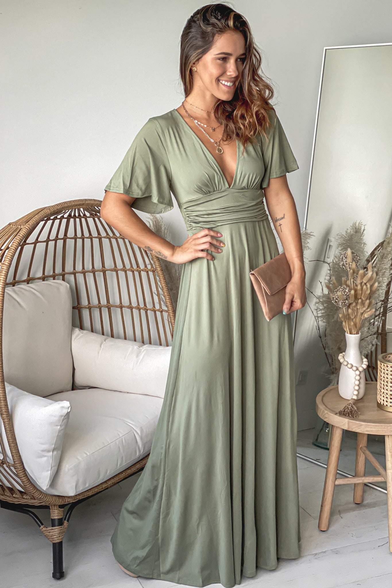 Olive V-Neck Maxi Dress With Short Sleeves | Maxi Dresses Saved by the Dress Olive V-Neck Maxi Dress With Short Sleeves | Maxi Dresses Saved by the Dress