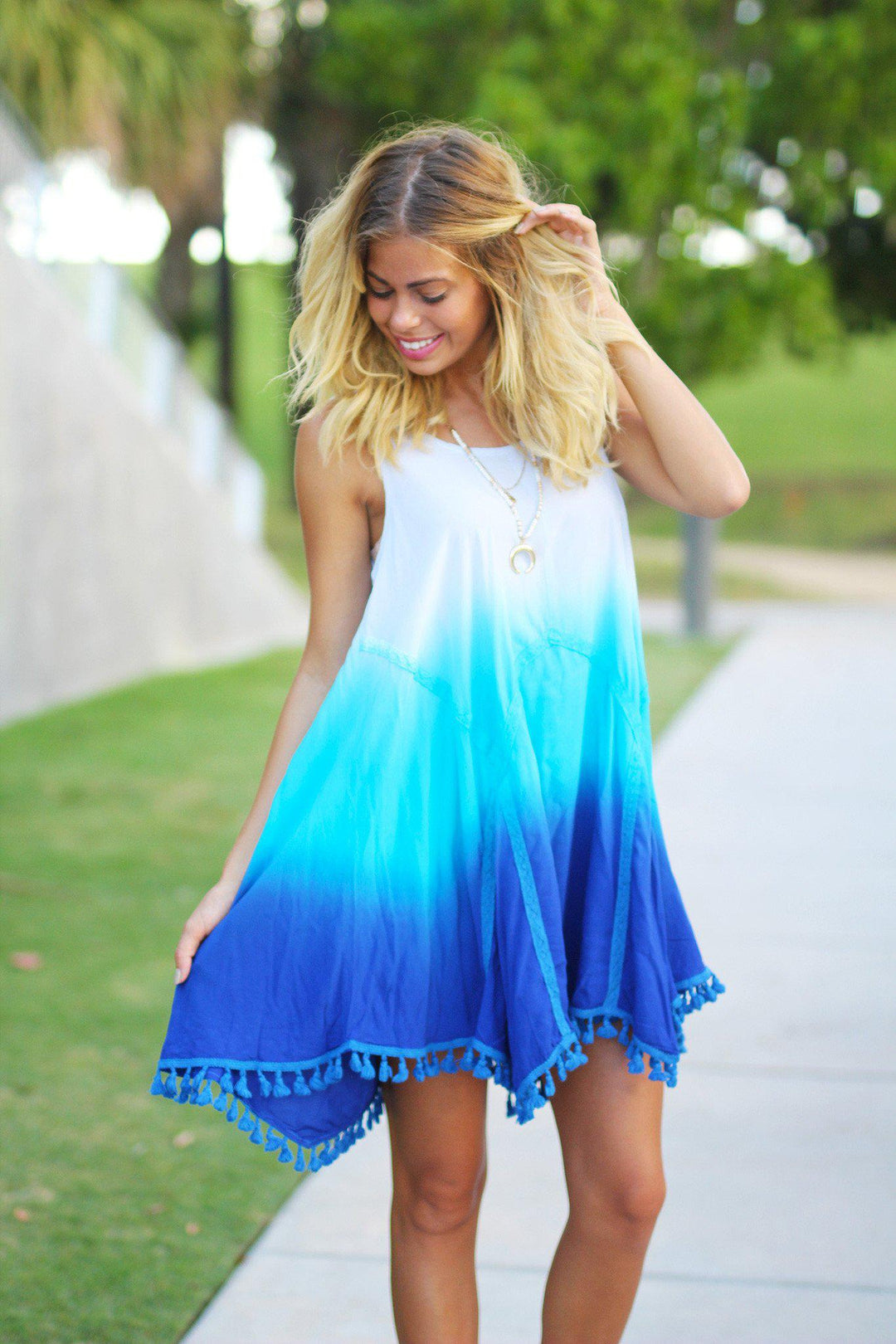 blue ombre short dress Blue Ombre Short Dress with Tassels