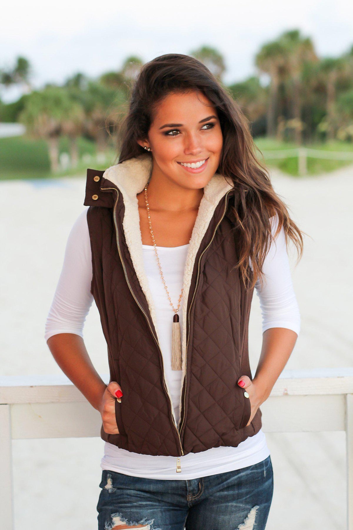 Brown Quilted Vest with Fur Collar Vests Saved by the Dress