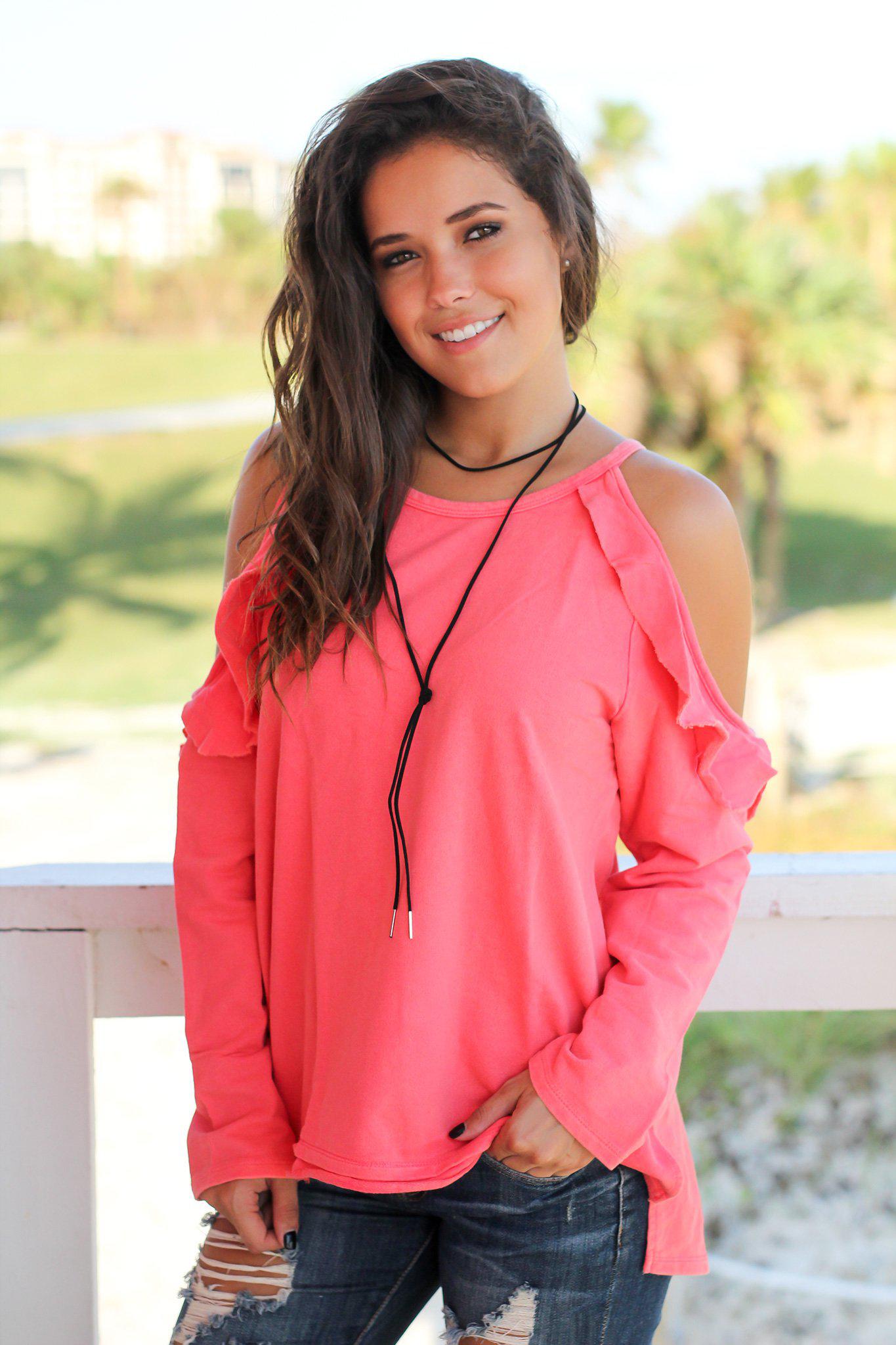 Coral Cold Shoulder Top with Ruffle Detail | Cute Top – Saved by the Dress