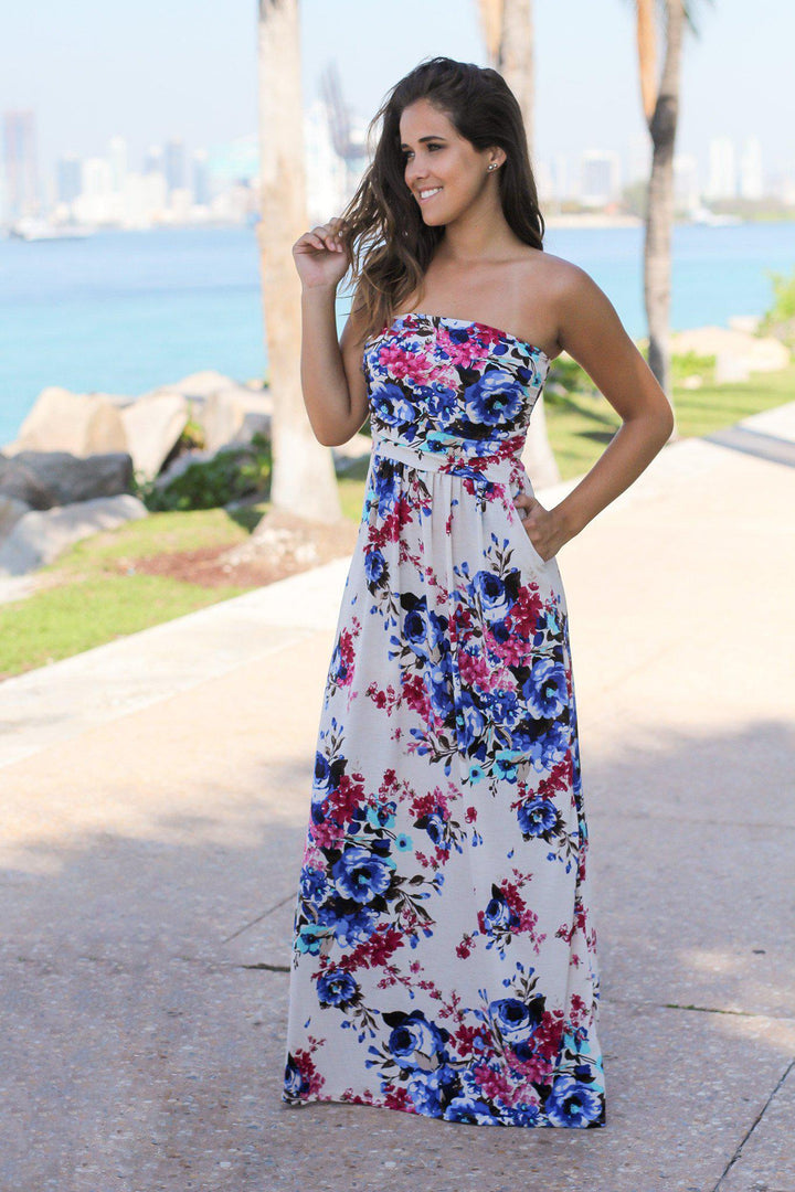 Cream Strapless Floral Maxi Dress with Pockets | Maxi Dresses Saved by the Dress Cream Strapless Floral Maxi Dress with Pockets | Maxi Dresses Saved by the Dress
