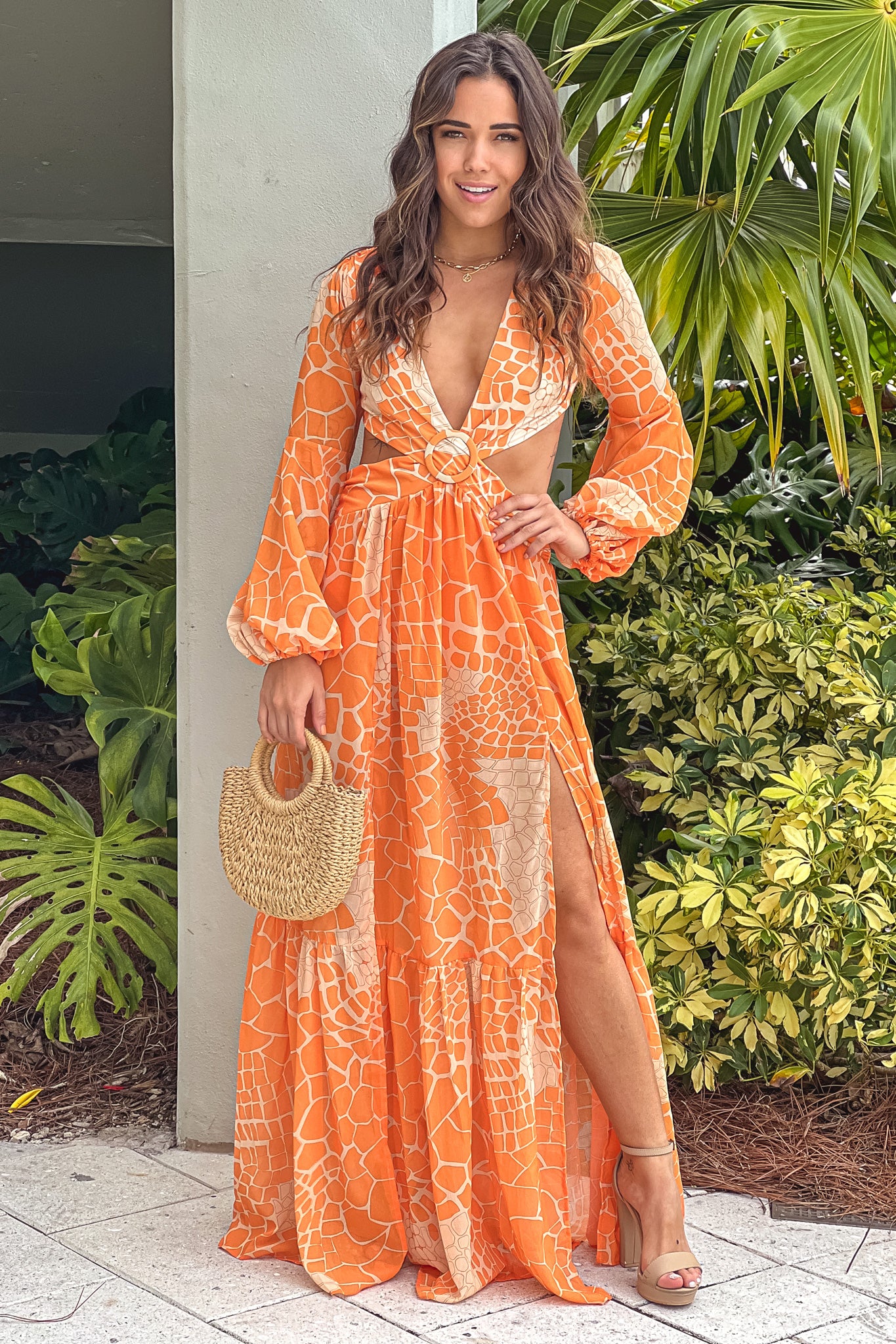 orange printed maxi dress with cut out
