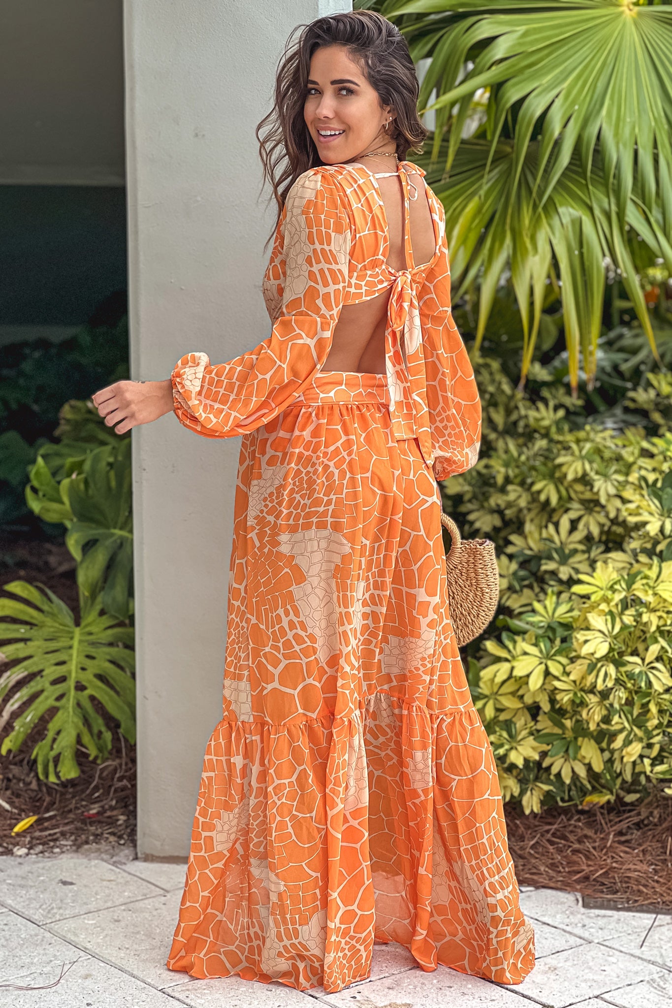 orange printed maxi dress