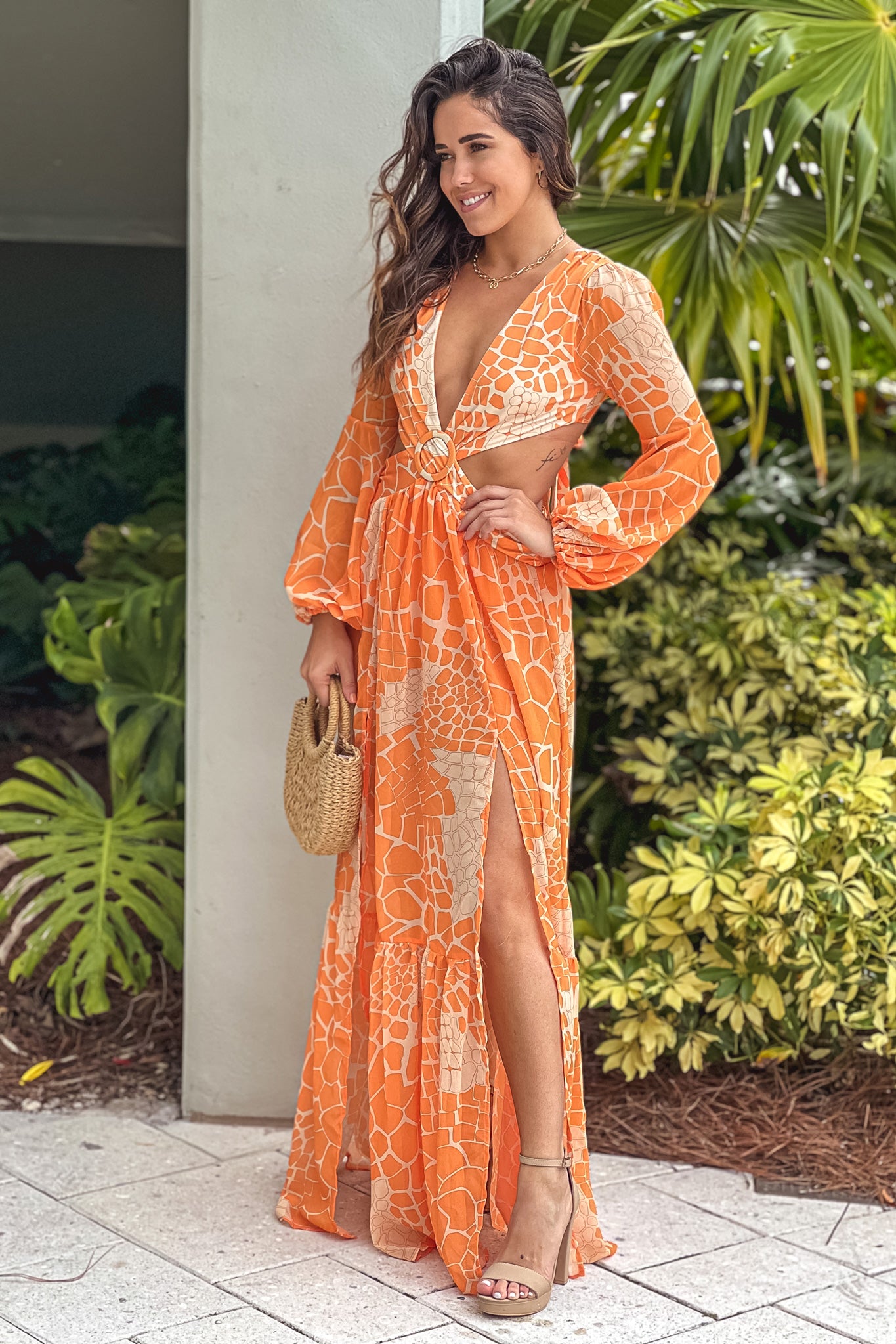 orange vacation maxi dress