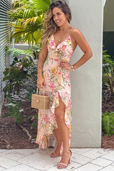 peach floral maxi dress with slit