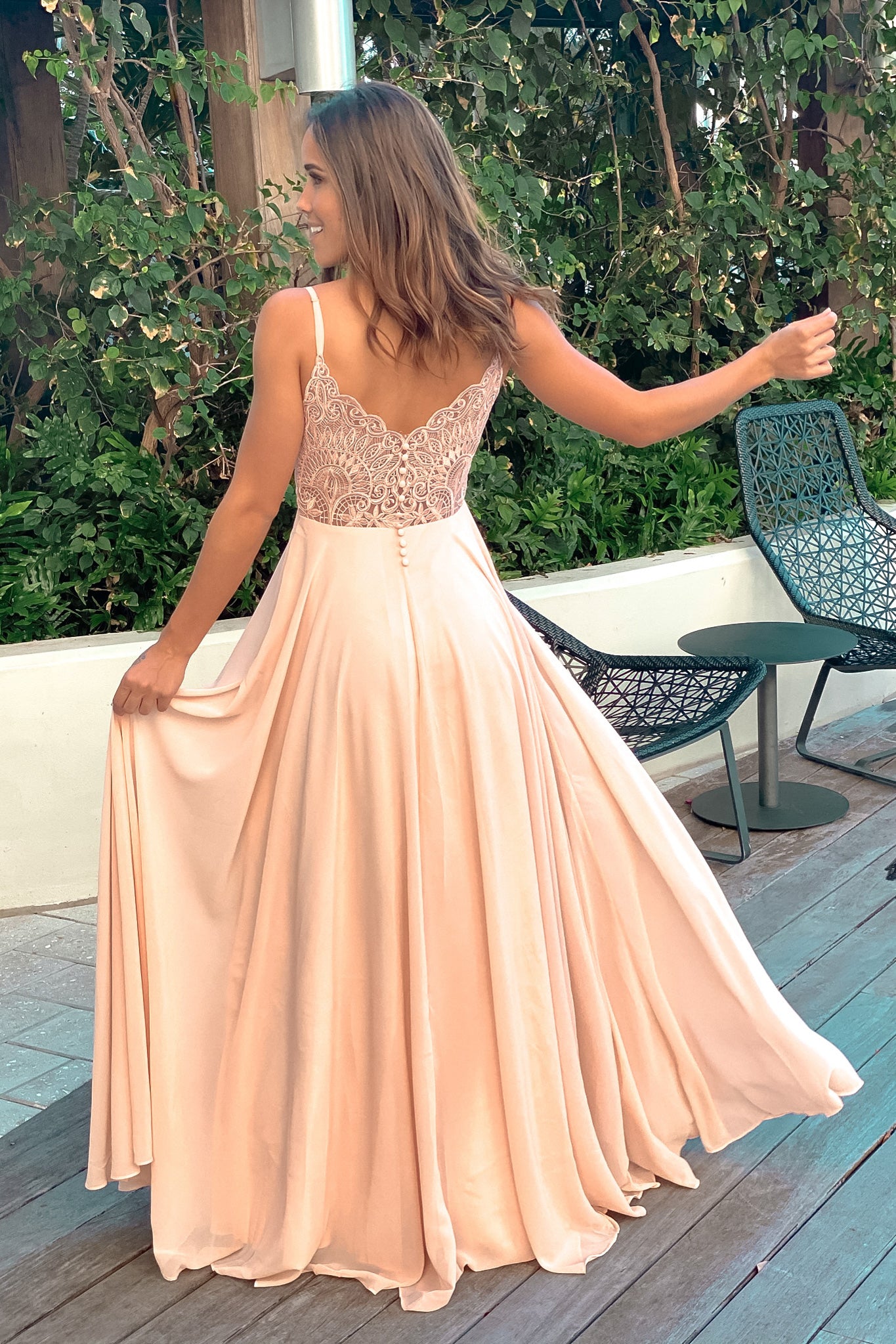 peach maxi dress with embroidered back and button detail