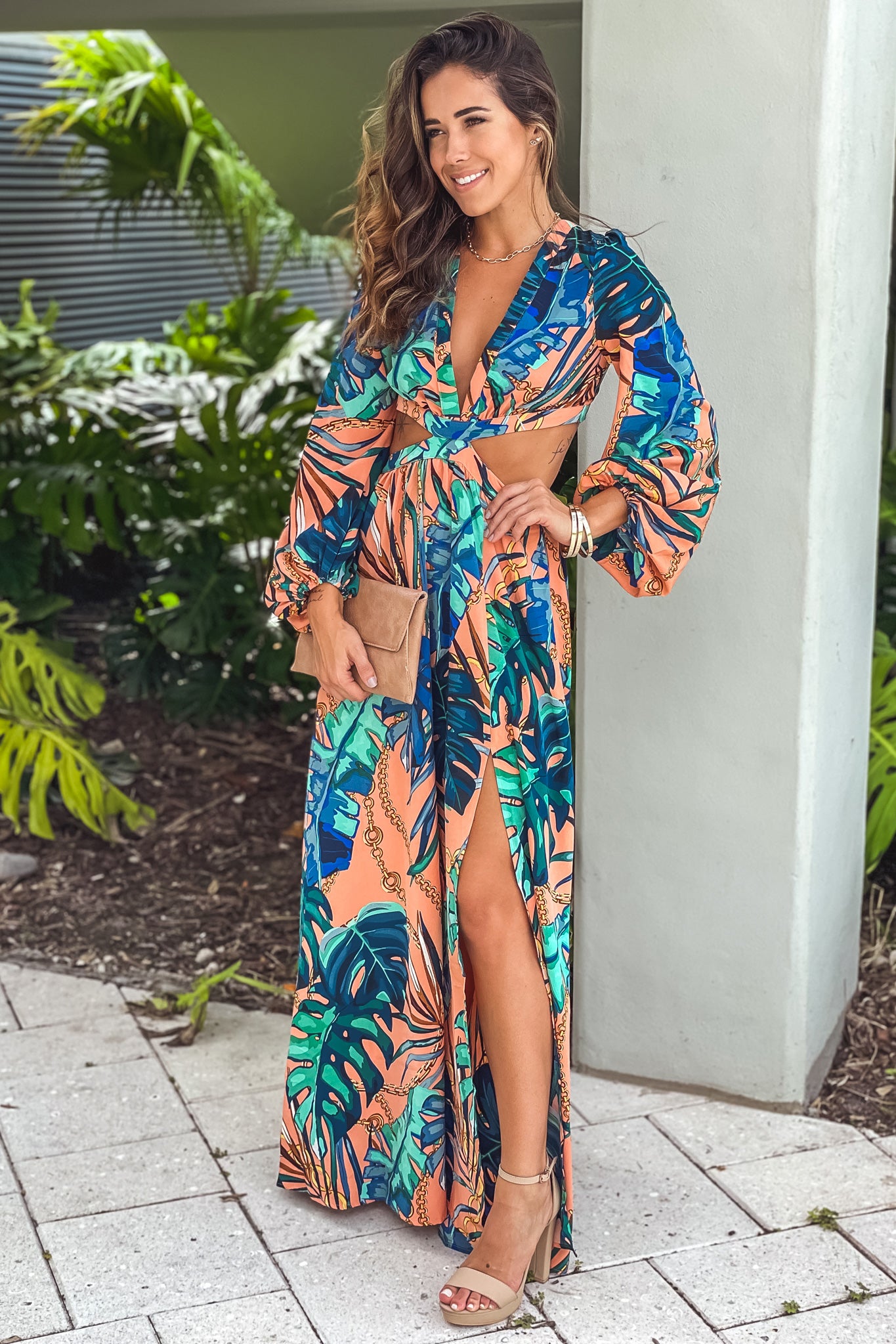 peach printed maxi dress with cut out